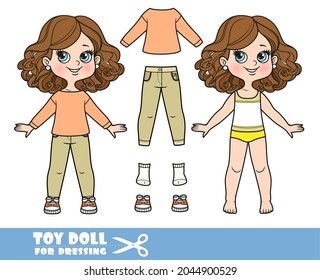 Cartoon girl with lush curly chestnut hairstyle dressed and clothes separately - basic long-sleeved T-shirt , jeans and sneakers doll for dressing