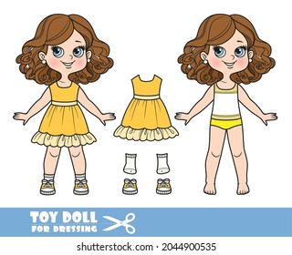 Cartoon girl with lush curly chestnut hairstyle dressed and clothes separately - peach dress and sneakers doll for dressing