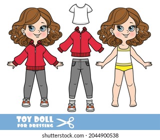 Cartoon girl with lush curly chestnut hairstyle dressed and clothes separately -  warm jacket, t-shirt, jeans and sneakers doll for dressing