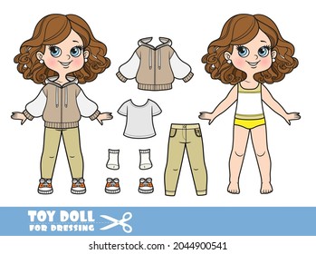 Cartoon girl with lush curly chestnut hairstyle dressed and clothes separately - T-shirt, sport long-sleeved jacket, jeans and sneakers doll for dressing