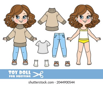 Cartoon girl with lush curly chestnut hairstyle dressed and clothes separately -  beige warm sweater, t-shirt, jeans and sneakers doll for dressing