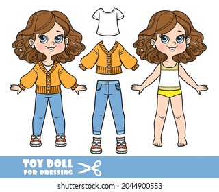 Cartoon girl with lush curly chestnut hairstyle dressed and clothes separately -  warm jacket, white t-shirt, blue jeans and sneakers doll for dressing