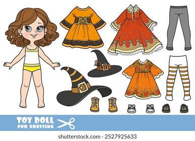 Cartoon girl with lush curly chestnut hairstyle - witch costume constructor with hats, tights and dresses. Image produced without the use of any form of AI software at any stage.