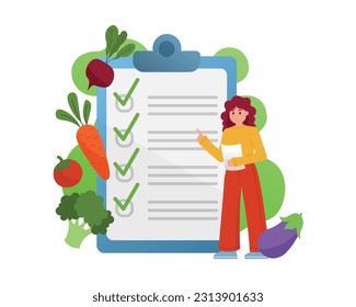 Cartoon girl made grocery list at supermarket. Fruits and vegetables as sources of energy. Idea of vegetarian diet. Process of weight loss. Vector illustration