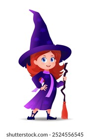 A cartoon girl in a magical purple witch costume and a funny Halloween hat. She has a flying broom in her hand. A charming character for an invitation to a Halloween carnival party.
