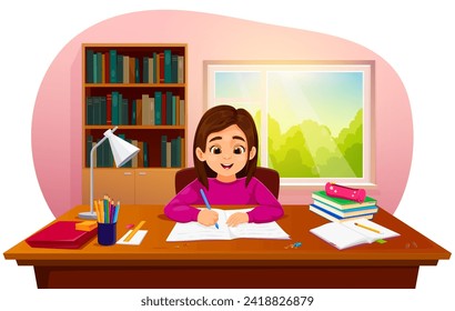 Cartoon girl makes a homework. Cheerful pupil studying a lesson. Joyful student diligently tackles tasks, immersed in her studies with a bright smile, showcasing enthusiasm and commitment to learning