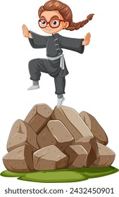 Cartoon girl in martial arts pose on stone pile.