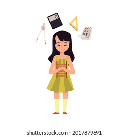 Cartoon girl with math learning equipment - happy kid with abacus counting frame, calculator and other school subject supplies, isolated vector illustration.