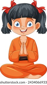 Cartoon girl meditating with a joyful expression