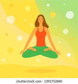 Cartoon girl meditating and levitating. Relaxation illustration on colorful background for your design.