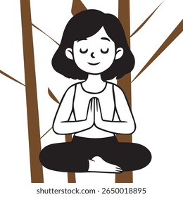 Cartoon Girl Meditating in Nature with Brown Tree Trunks on White Background, Peaceful Yoga Illustration Embracing Calmness, Simplicity, and Natural Balance.