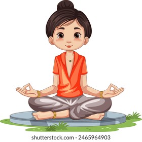Cartoon of a girl meditating peacefully on a mat