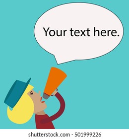 Cartoon Girl with a Megaphone in Her Hand with Speech Bubble for