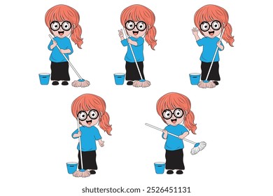 Cartoon Girl Mopping The Floor