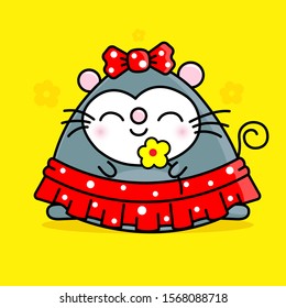 cartoon girl mouse in red a skirt, with red a bow on her head and a yellow flower in her hand. doodle style. Vector 