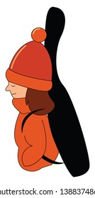 Cartoon girl musician dressed in her orange jacket  orange woollen hat  hands tucked in her dress pockets  carries a black guitar backpack with her eyes closed  vector  color drawing or illustration