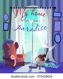 cartoon girl near the window read book