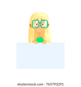 Cartoon girl nerd with blank sheet of paper. Funny female character in glasses. Child showing banner with place for your message. Flat vector design