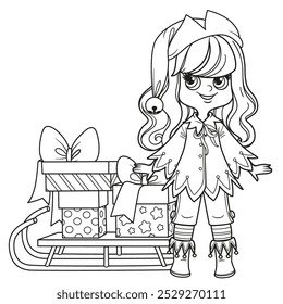 Cartoon girl in New Year Elf costume with sleigh loaded gifts coloting page. Image produced without the use of any form of AI software at any stage.