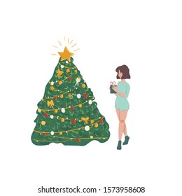  cartoon  girl and new year tree.With nicely wrapped Christmas gifts. Vector illustration