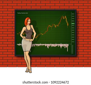 Cartoon girl on Business chart display, uptrend line graph, Woman bar chart stock numbers in bull market with arrow up and down. Evaluation investment risks banner. Girl financial markets background