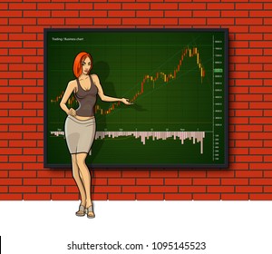 Cartoon girl on Business chart display, uptrend line graph, Woman bar chart stock numbers in bull market with arrow up and down. Evaluation investment risks banner. Girl financial markets background