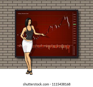 Cartoon girl on Business chart display, uptrend line graph, Woman bar chart stock numbers in bull market with arrow up and down. Evaluation investment risks banner. Girl financial markets background