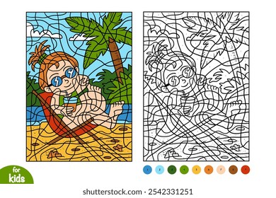 Chica de dibujos animados en una tumbona. Color por número para niños