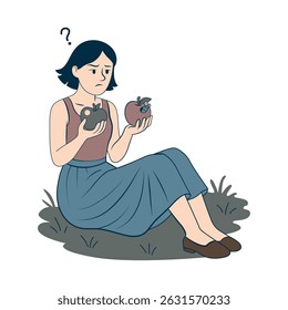 A cartoon girl on the grass is puzzled by a question. She is thinking which apple to choose. A green one, or a red wormy one. Confused woman choice