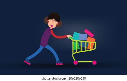 Cartoon girl on roller skates rides with a shopping basket. Vector banner