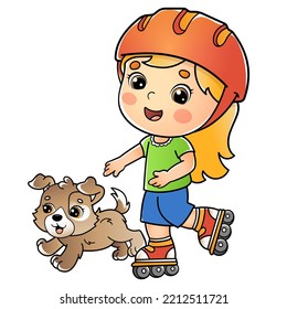 Caricaturista sobre patines con un perro. Actividad veraniega. Colorida ilustración vectorial para los niños.