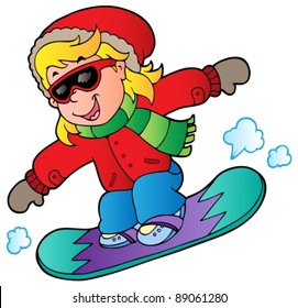Cartoon girl on snowboard - vector illustration.