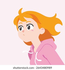 Cartoon Girl with Orange Hair Looking Upward in Thought