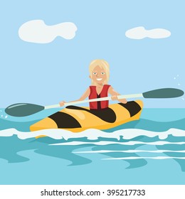 cartoon girl paddling a kayak