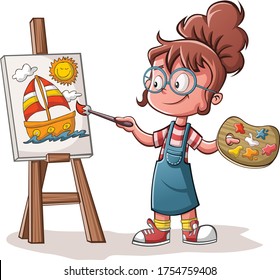 Cartoon girl painting a boat on canvas