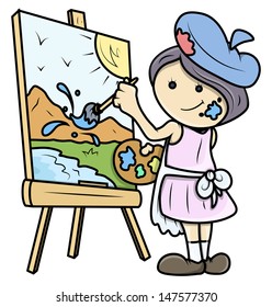 Cartoon Girl Painting a Landscape on Canvas - Vector Illustrations