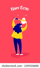 Cartoon girl paints Easter egg on red background. Holiday card in trendy flat linear style. Vector banner.