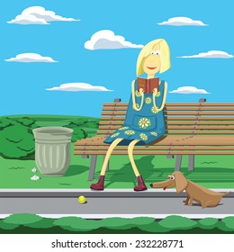 Cartoon girl in park sitting on the bench beside trashcan reading a book