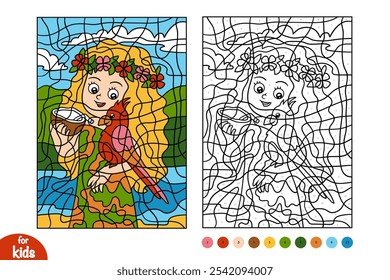 Cartoon girl with a parrot, educational color by number for children