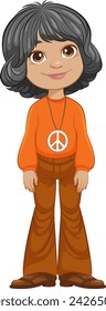 Cartoon girl with peace sign necklace smiling.