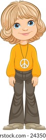 Cartoon girl with peace sign necklace smiling.