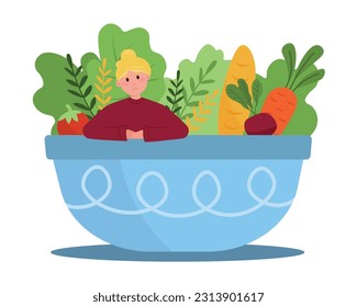 Chica de caricatura asomando el plato de ensalada. Frutas y verduras como fuentes de energía. Idea de dieta vegetariana. Proceso de pérdida de peso. Ilustración del vector sobre fondo blanco