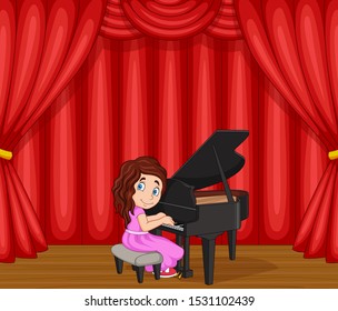 Cartoon girl performing piano on the stage