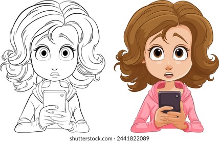 Cartoon girl with phone, expressing shock or surprise