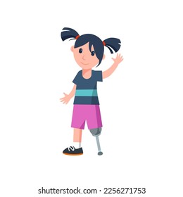 Cartoon girl with physical disability vector illustration. Girl with prosthetic leg and foot. Disability, health, accessibility concept