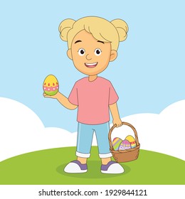 Cartoon girl picking easter eggs