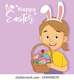 Cartoon Girl picking easter eggs with Rabbit