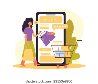 Cartoon girl picks out shorts over phone. Buying gifts in online shops. Shoppers buying on internet sale. Special offers and discounts. Vector illustration