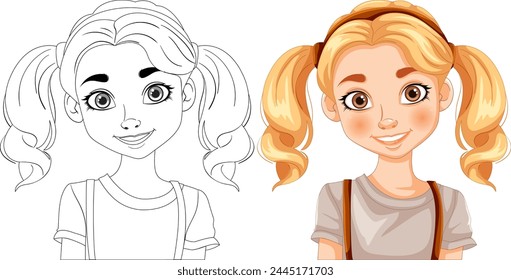 Chica de dibujos animados con coletas en color y contorno