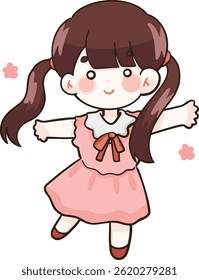 Cartoon of a girl in a pink dress with brown sheep hair tied up